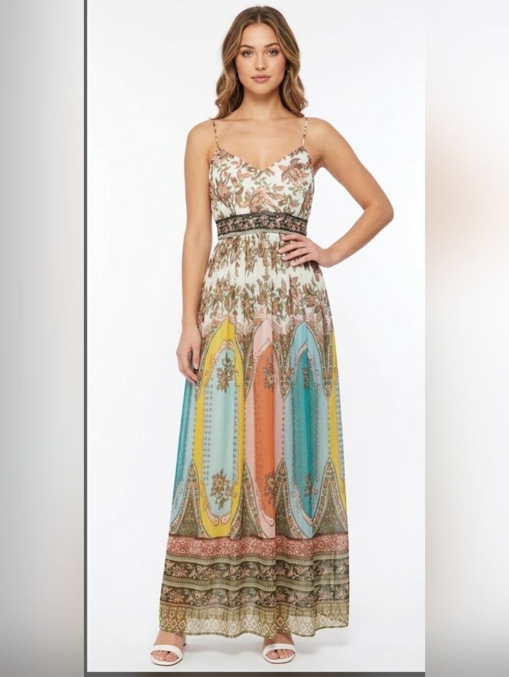 ANTHROPOLOGIE Boho Floral Multicolor Maxi Dress with Spaghetti Straps, Size 8